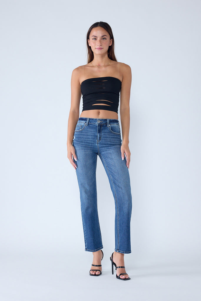 High Rise Classic Straight Jeans with Slight Destruction EP3581 1