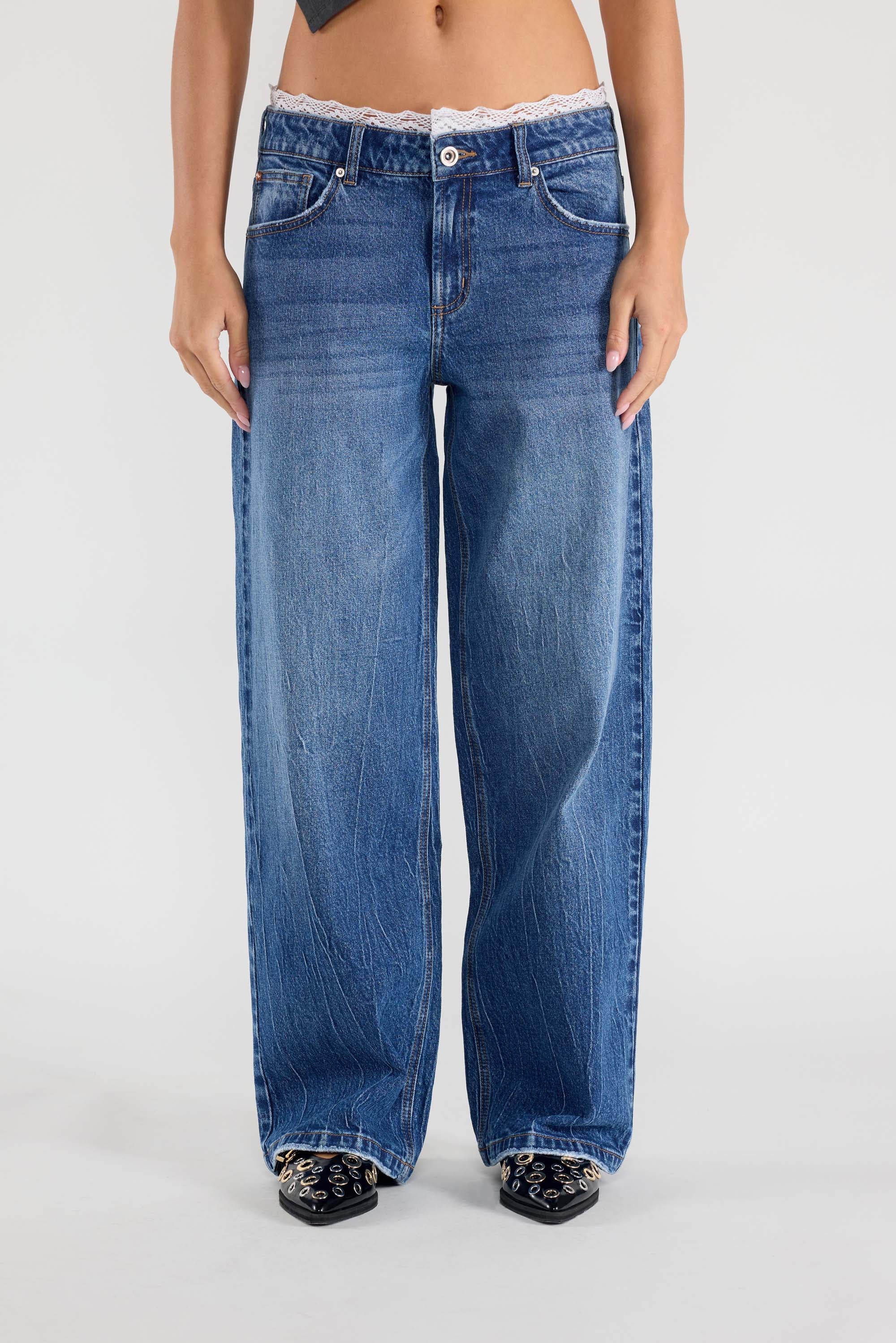 Low Waist Baggy Wide Jeans with Waist Brand Lace 2