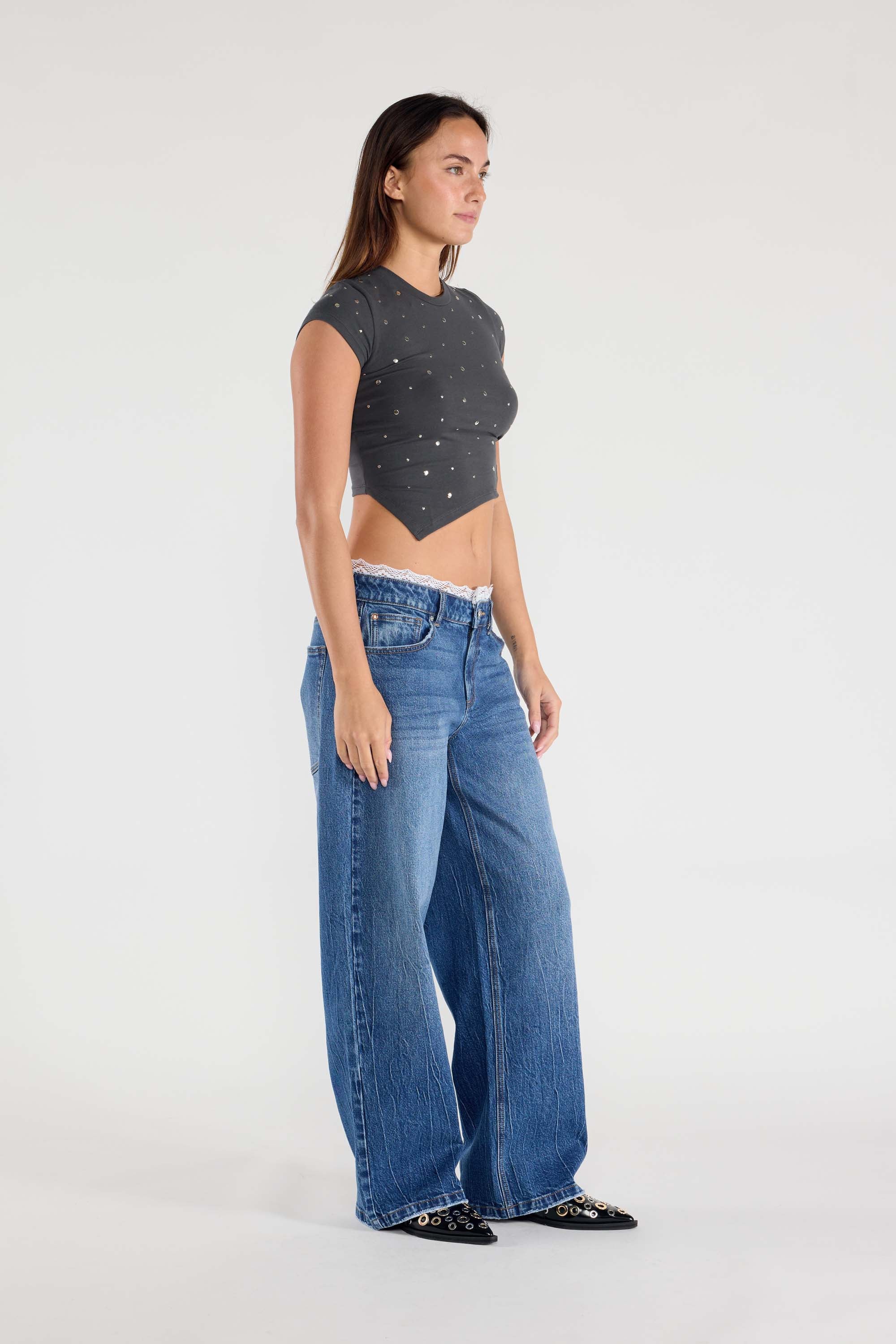 Low Waist Baggy Wide Jeans with Waist Brand Lace 5