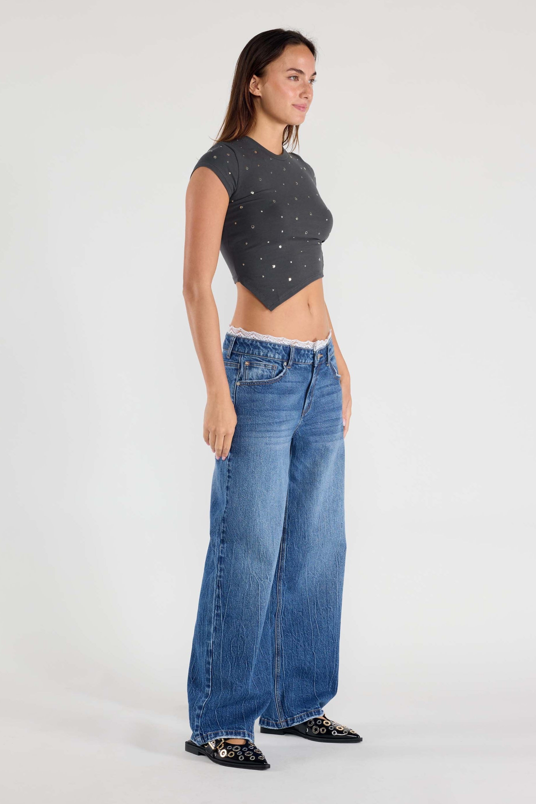 Low Waist Baggy Wide Jeans with Waist Brand Lace 6