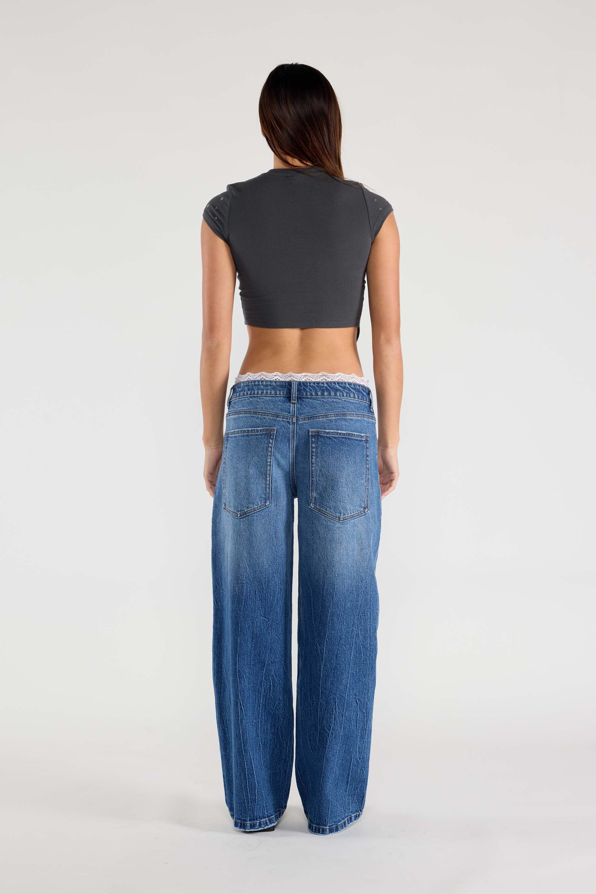 Low Waist Baggy Wide Jeans with Waist Brand Lace 7