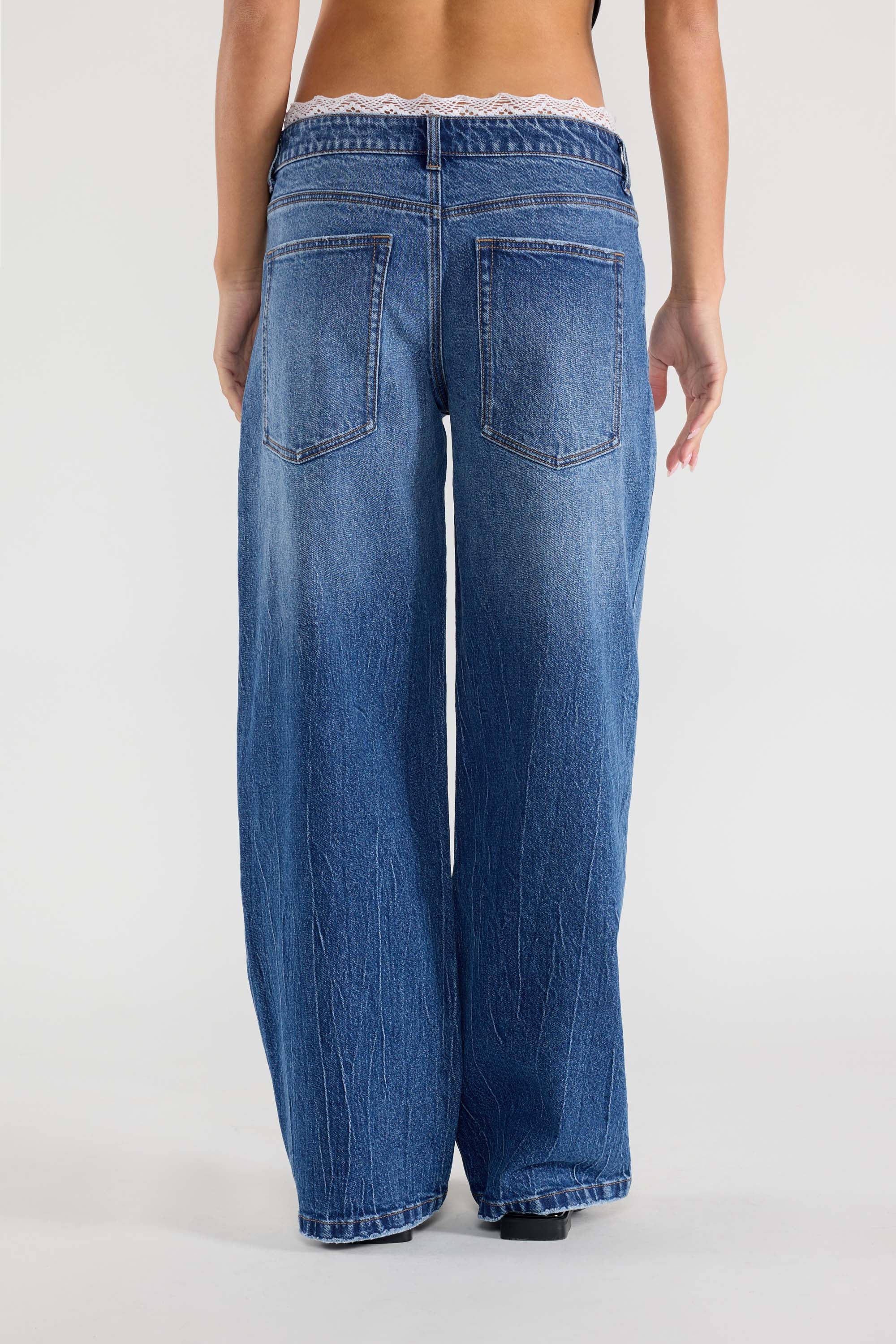 Low Waist Baggy Wide Jeans with Waist Brand Lace 8