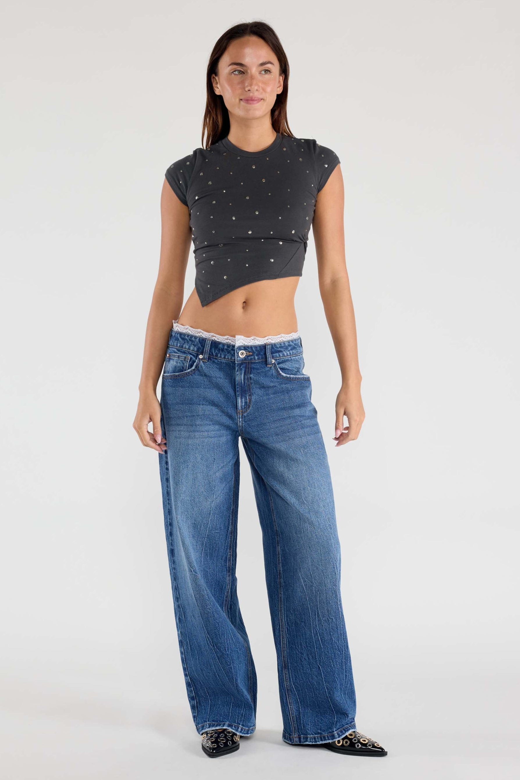 Low Waist Baggy Wide Jeans with Waist Brand Lace 1