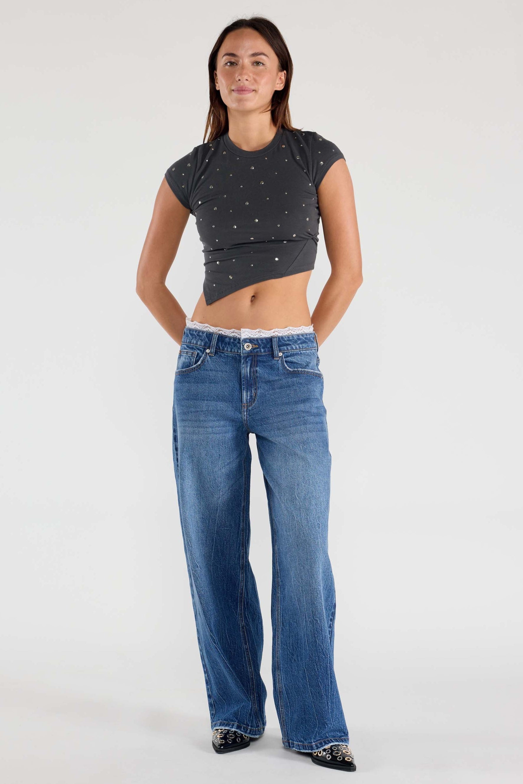 Low Waist Baggy Wide Jeans with Waist Brand Lace 3