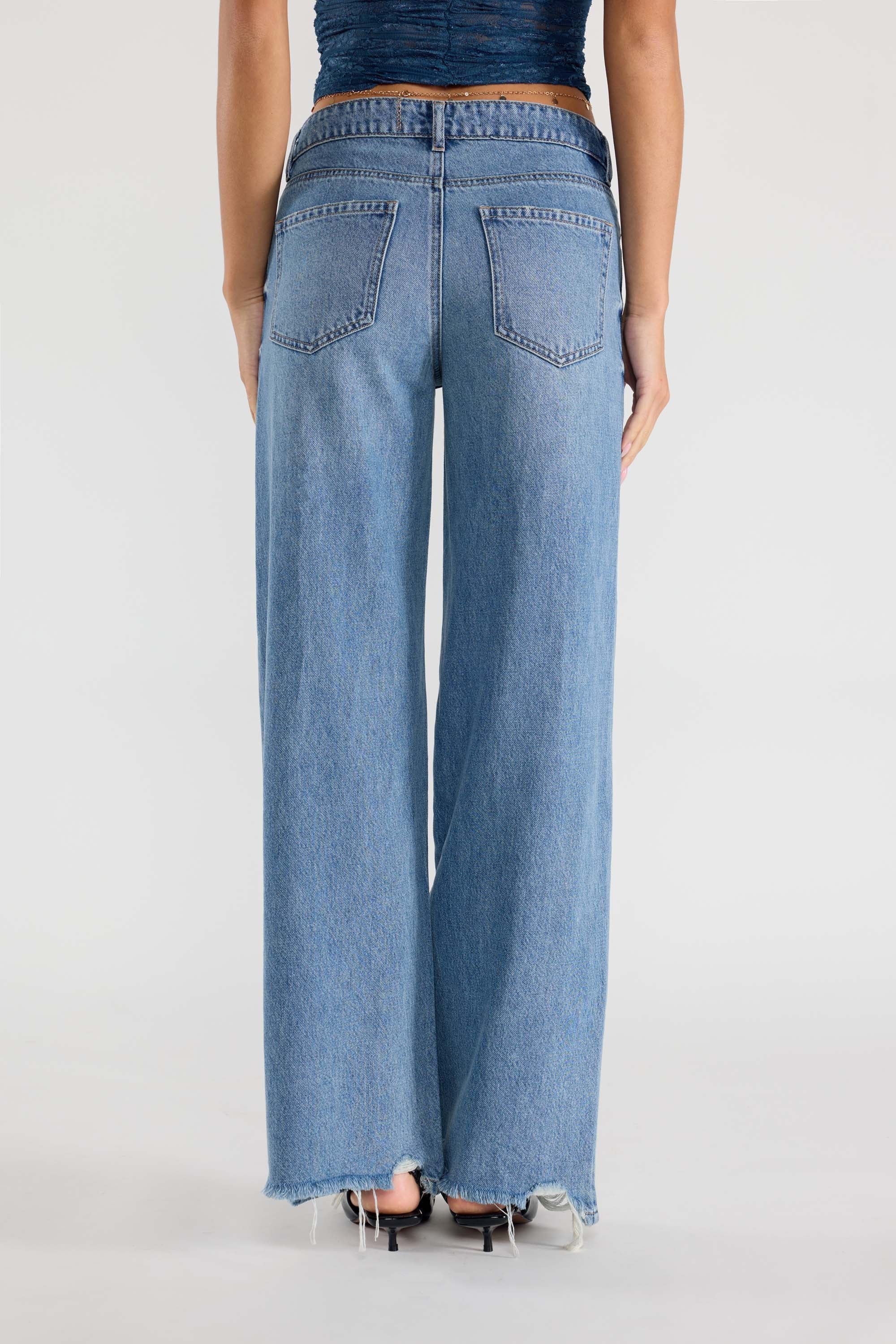 Low Waist Baggy Wide Leg Jeans with Chewed Hem 9