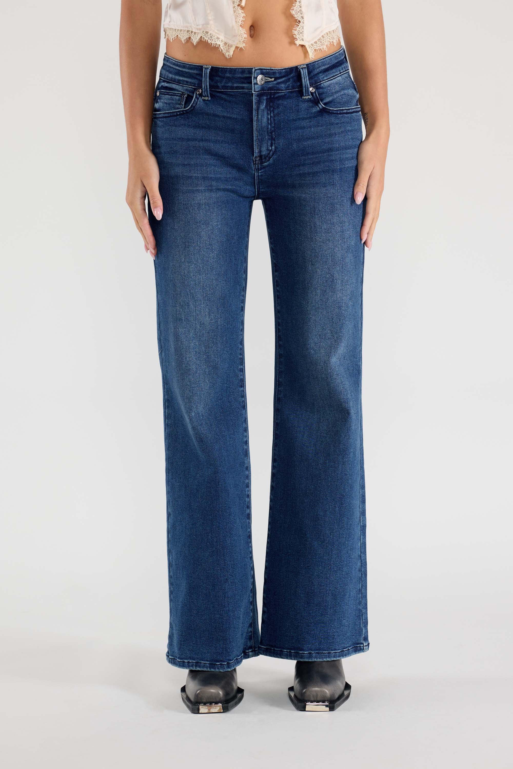 Mid Waist Wide Leg Jeans with Tacking 2